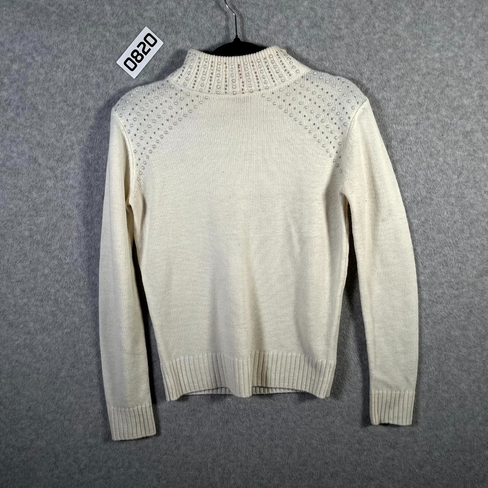 Juicy Couture Sweater Womens XS White Acrylic Pearl Beaded Mock Neck Ribbed Hem